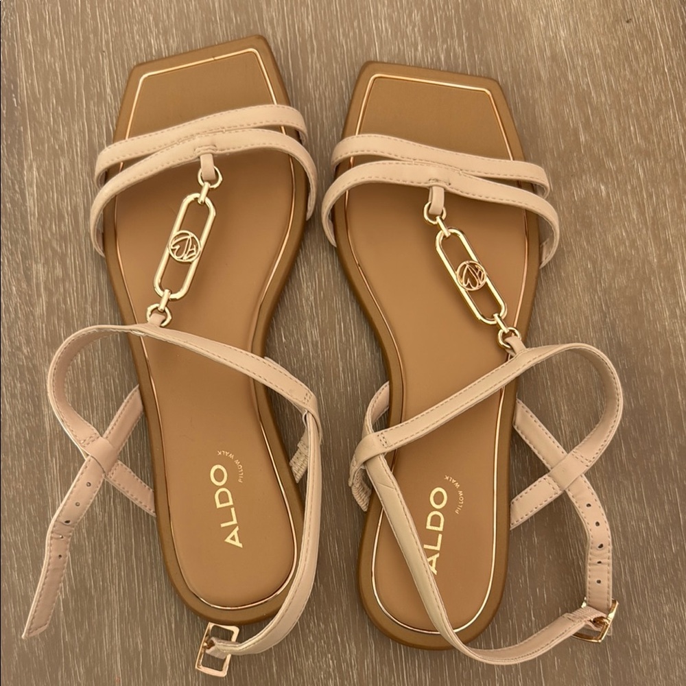 Aldo Beige Strappy Sandals with Gold Accents